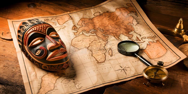 A Vintage Tribal Mask, Intricate Wood Carving, and Ancient Navigation Tools Amidst Historic Maps royalty free illustration