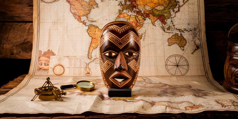 A Vintage Tribal Mask, Intricate Wood Carving, and Ancient Navigation Tools Amidst Historic Maps vector illustration