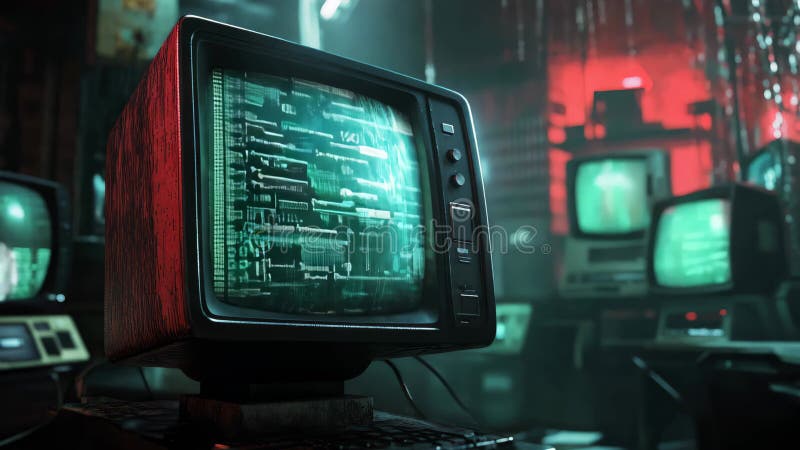 Vintage Tv computer Monitor with noise and green running code royalty free illustration
