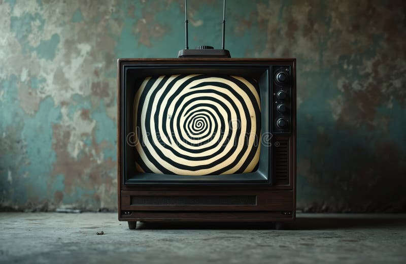 Vintage TV screen shows mesmerizing hypnotic spiral pattern. Retro television in rustic room with distressed wall background. Classic entertainment tech display. Nostalgic media design. Tv wall pattern illustrations