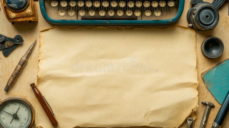 Vintage Typewriter and Antique Objects on Aged Paper vector illustration