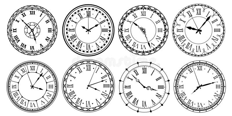 Vintage-Uhr-Gesicht Retro-Uhren mit römischen Zahlen, Armbanduhren und Planetenuhren vektor abbildung Vintage-Uhr-Gesicht Retro-Uhren mit römischen Zahlen, Armbanduhren und Planetenuhren vektor abbildung