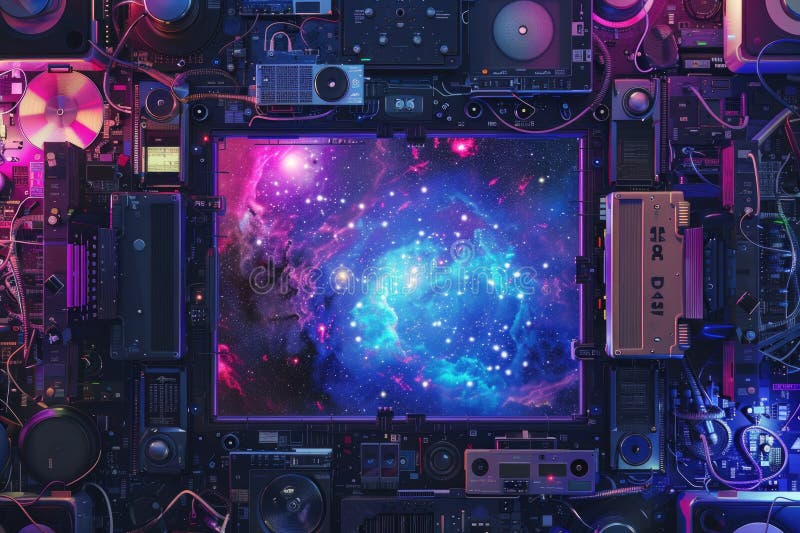 Vintage und moderne Audiogeräte inmitten eines lebendigen kosmischen Hintergrunds mit Galaxien und Sternen stockfoto