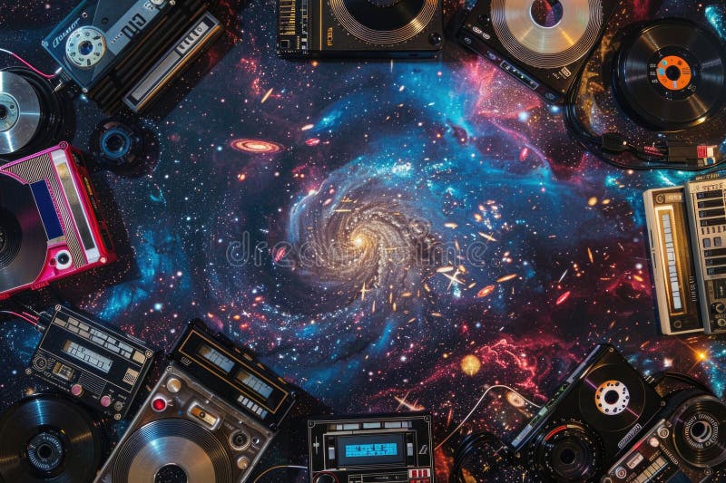 Vintage und moderne Audiogeräte inmitten eines lebendigen kosmischen Hintergrunds mit Galaxien und Sternen stockbilder