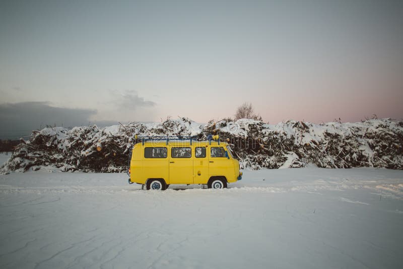 Vintage ussr yellow van winter snow forest