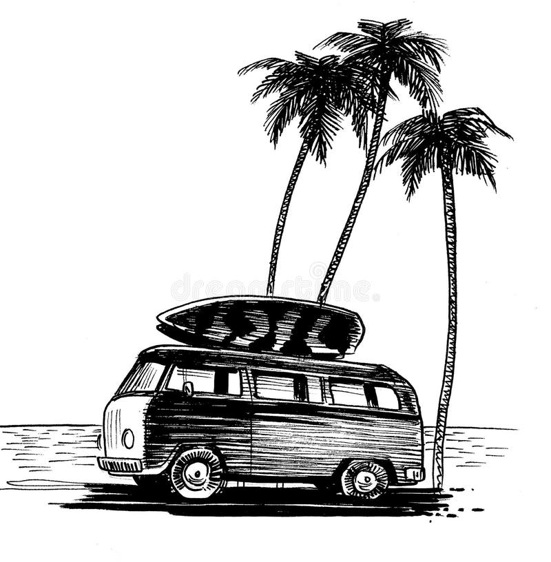 Vintage van on the beach stock illustration. Illustration of beach ...