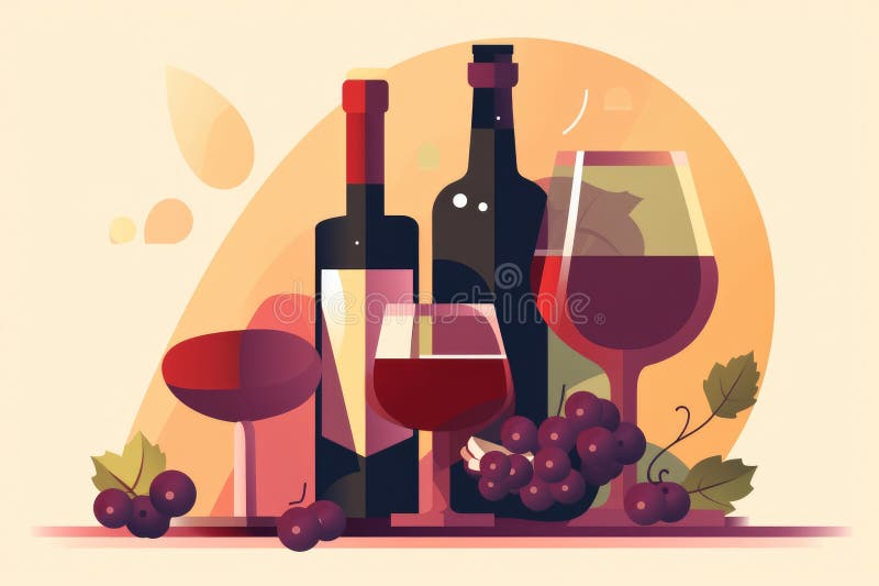 Vintage Vector Graphic of Wine Bottle and Glasses. Generative Ai Stock