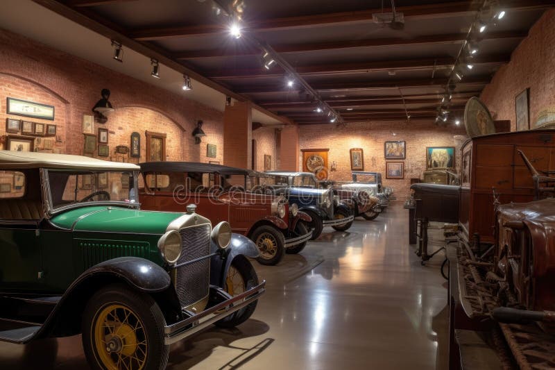 Vintage Vehicle Collection in Museum, Surrounded by Artifacts and Other