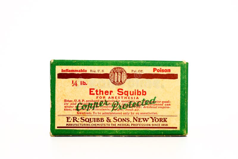 Vintage 1940s Poison 1/4 lb. ETHER SQUIBB For Anesthesia. Produced by E.R. Squibb New York and made available to American Military during the World War II. Vintage 1940s Poison 1/4 lb. ETHER SQUIBB For Anesthesia. Produced by E.R. Squibb New York and made available to American Military during the World War II