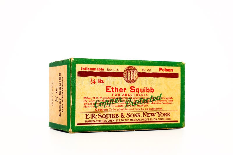 Vintage 1940s Poison 1/4 lb. ETHER SQUIBB For Anesthesia. Produced by E.R. Squibb New York and made available to American Military during the World War II. Vintage 1940s Poison 1/4 lb. ETHER SQUIBB For Anesthesia. Produced by E.R. Squibb New York and made available to American Military during the World War II