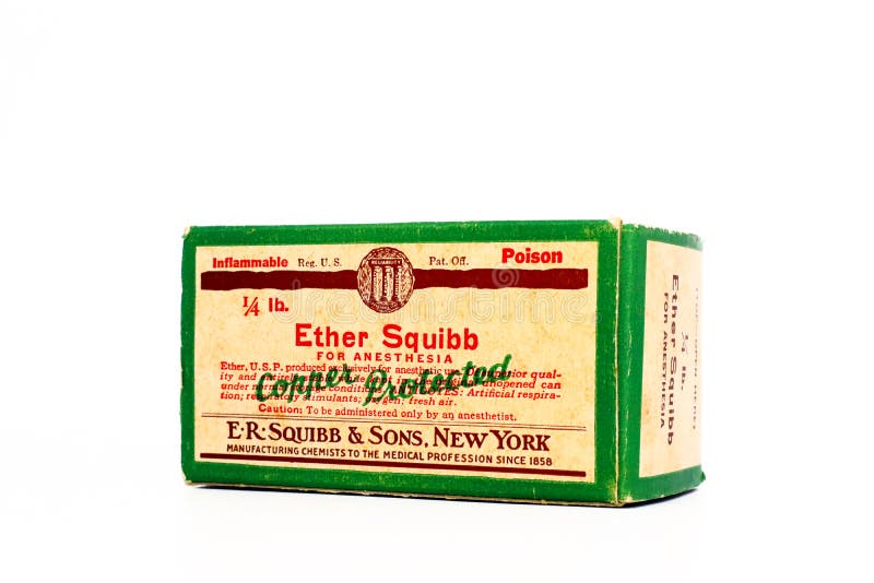 Vintage 1940s Poison 1/4 lb. ETHER SQUIBB For Anesthesia. Produced by E.R. Squibb New York and made available to American Military during the World War II. Vintage 1940s Poison 1/4 lb. ETHER SQUIBB For Anesthesia. Produced by E.R. Squibb New York and made available to American Military during the World War II