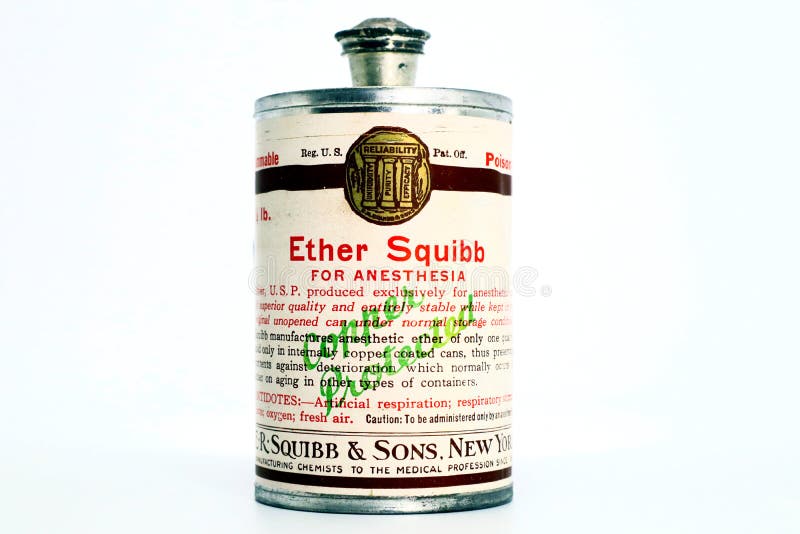 Vintage 1940s Poison 1/4 lb. ETHER SQUIBB For Anesthesia. Produced by E.R. Squibb New York and made available to American Military during the World War II. Vintage 1940s Poison 1/4 lb. ETHER SQUIBB For Anesthesia. Produced by E.R. Squibb New York and made available to American Military during the World War II