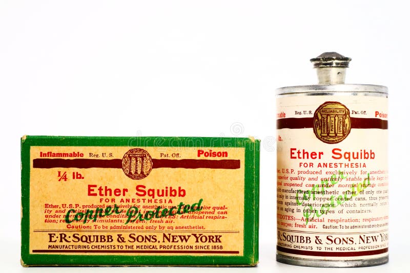 Vintage 1940s Poison 1/4 lb. ETHER SQUIBB For Anesthesia. Produced by E.R. Squibb New York and made available to American Military during the World War II. Vintage 1940s Poison 1/4 lb. ETHER SQUIBB For Anesthesia. Produced by E.R. Squibb New York and made available to American Military during the World War II