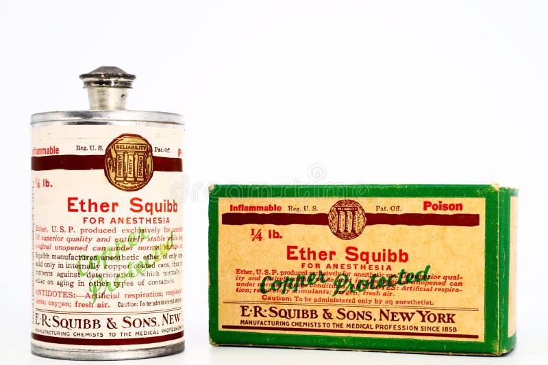 Vintage 1940s Poison 1/4 lb. ETHER SQUIBB For Anesthesia. Produced by E.R. Squibb New York and made available to American Military during the World War II. Vintage 1940s Poison 1/4 lb. ETHER SQUIBB For Anesthesia. Produced by E.R. Squibb New York and made available to American Military during the World War II