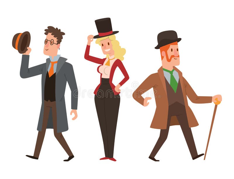 Vintage victorian cartoon gents retro people vector. Style fashion old people victorian gentleman clothing antique