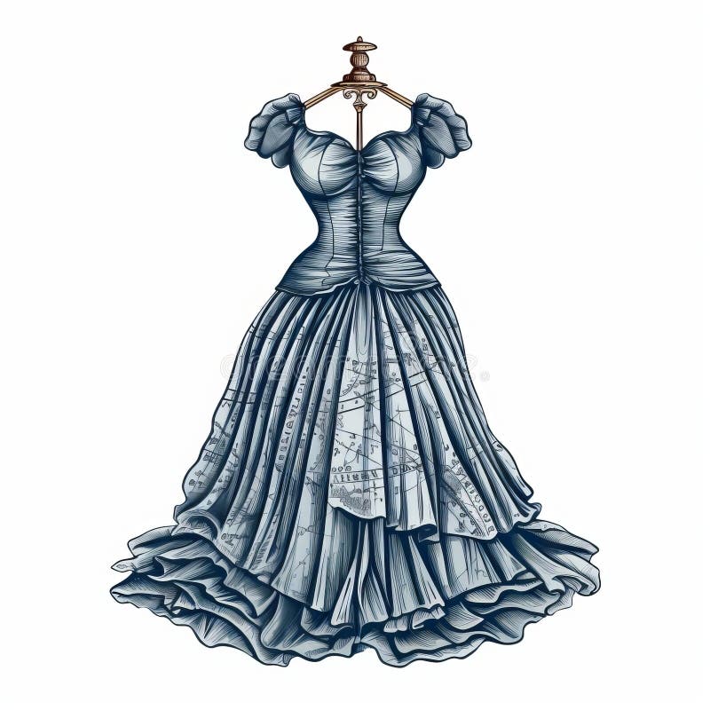 Vintage Victorian Dress with Pencil Art Overlay - Realistic Detail and ...