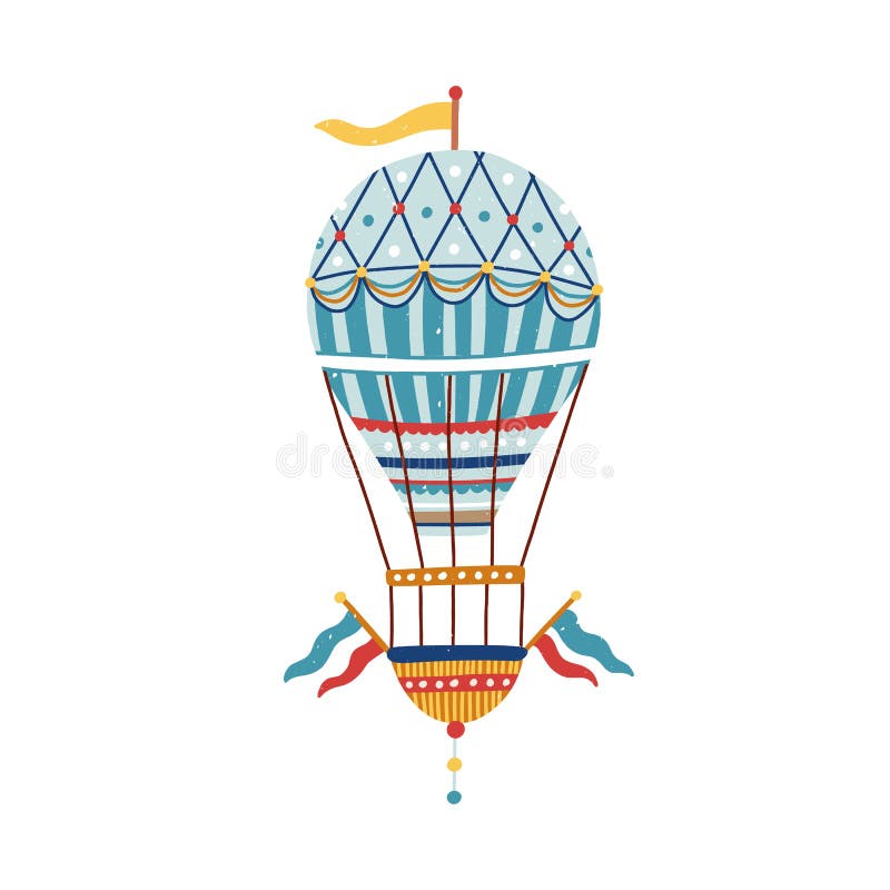 Vintage victorian vivid striped air hot balloon. Flying ornamented childish aerostat with flag basket ballast. Airship