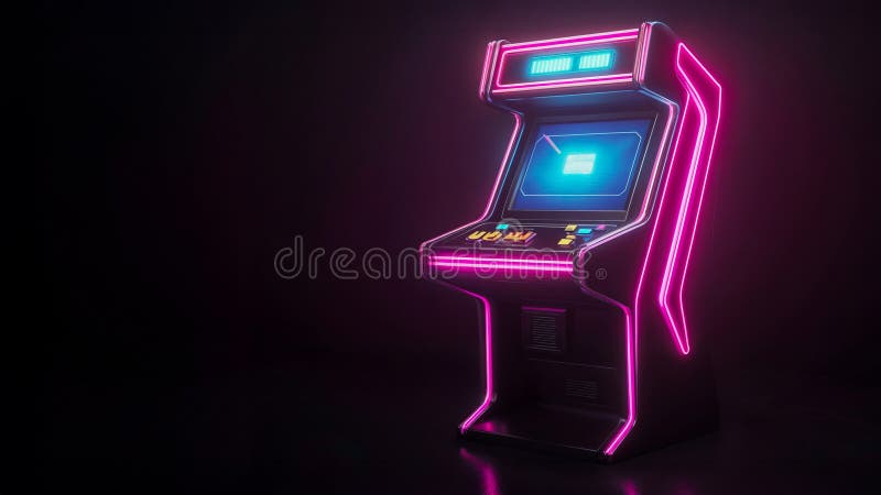 A vintage video game arcade machine illuminated with pink neon light on a black background stock illustration