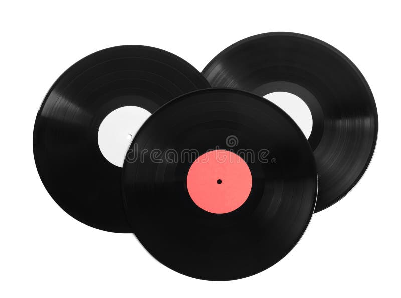 Vintage Vinyl Disc Records in Paper Covers Isolated on White Stock