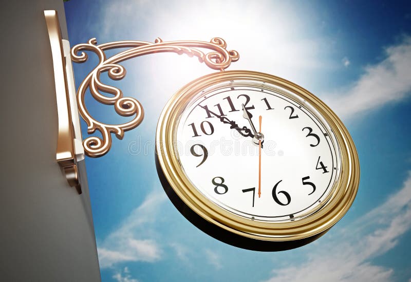 Vintage wall clock against blue sky. 3D illustration royalty free illustration Vintage wall clock against blue sky. 3D illustration royalty free illustration