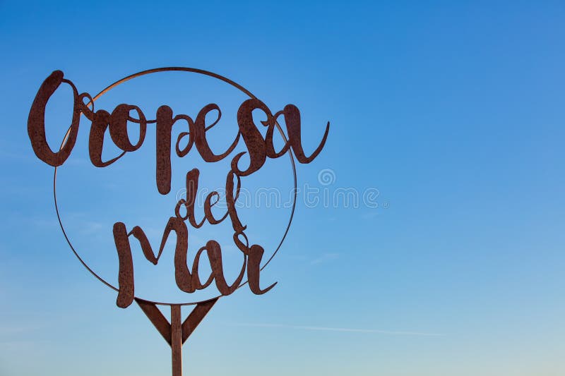 Vintage Weathered Metal Sign of Oropesa del Mar at the Oropesa Beaches: A Rustic Touch of History by the Mediterranean Sea.