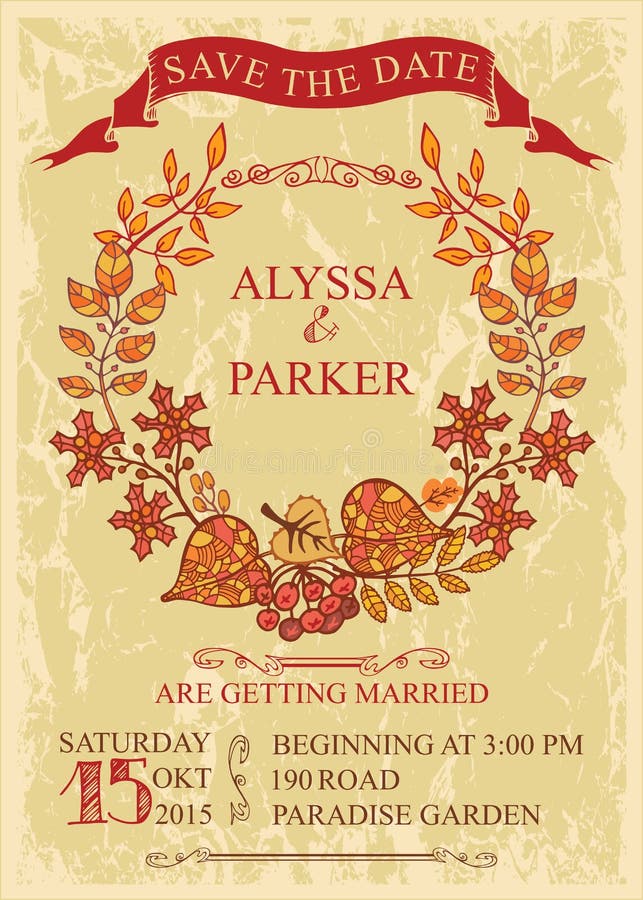 Vintage wedding save date card with leaves wreath