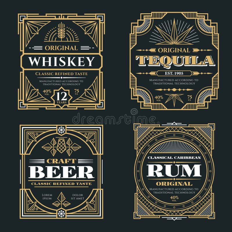Vintage whiskey and alcoholic beverages vector labels in art deco retro style royalty free illustration Vintage whiskey and alcoholic beverages vector labels in art deco retro style royalty free illustration