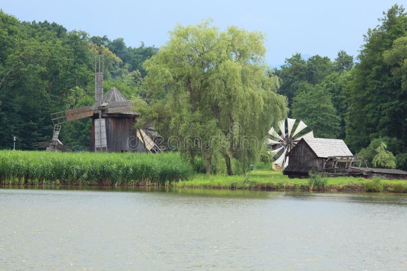 Vintage windmills stock photo