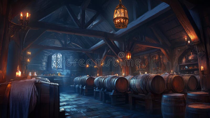 A vintage wine cellar in a winery, showcasing wooden barrels in a dark storage area, highlighting the concepts of viticulture, winemaking, and production. Cognac production stock images, royalty-free photos and pictures