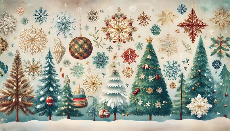Vintage winter wonderland backland un colaj cu ilustrații retrogradate ale fulgilor de zăpadă și ale copacilor verzi. grafic royalty free stock photo