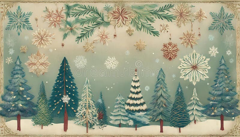 Vintage winter wonderland backland un colaj cu ilustrații retrogradate ale fulgilor de zăpadă și ale copacilor verzi. grafic stock image