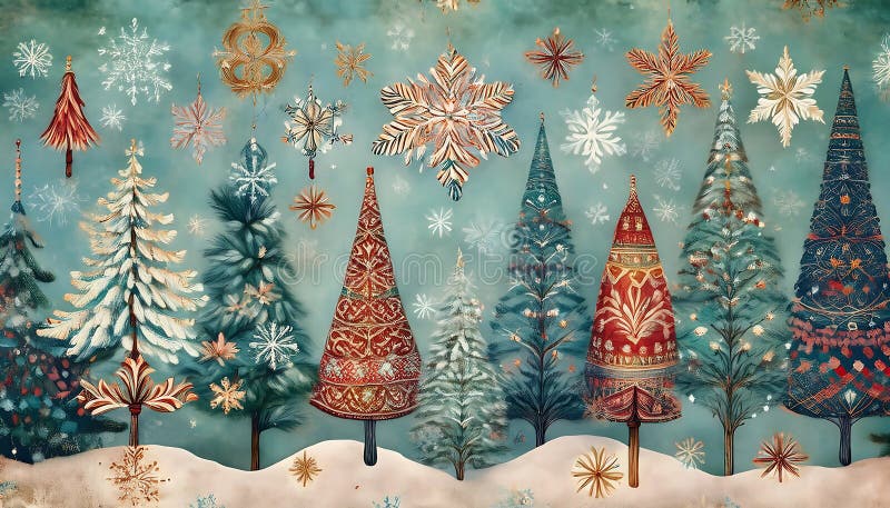 Vintage winter wonderland backland un colaj cu ilustrații retrogradate ale fulgilor de zăpadă și ale copacilor verzi. grafic royalty free stock photography