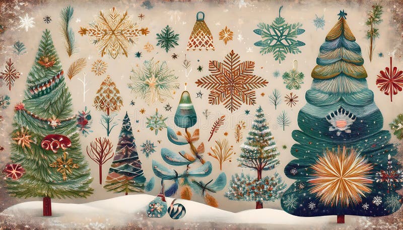 Vintage winter wonderland backland un colaj cu ilustrații retrogradate ale fulgilor de zăpadă și ale copacilor verzi. grafic stock image
