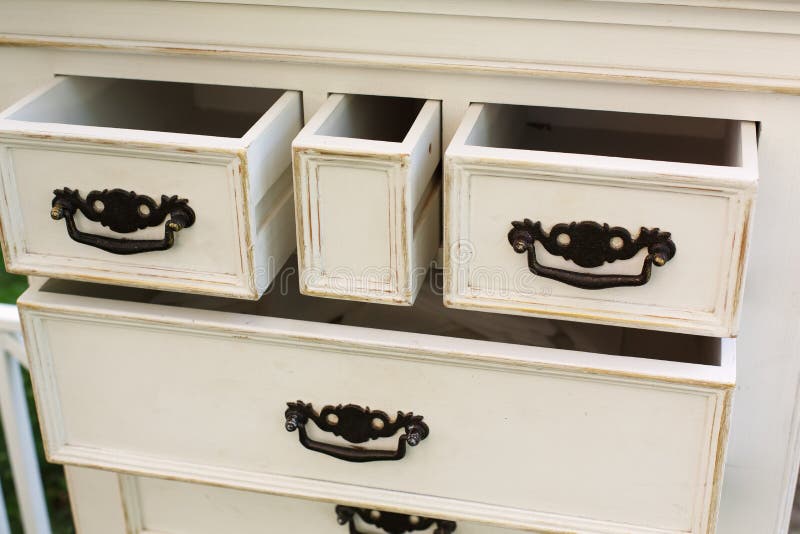 Vintage Wooden Chest Of Drawers With Black Metal Handles Open