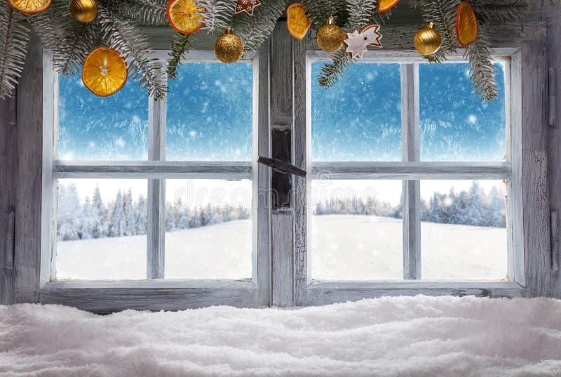 Snowy Winter Landscape. View Out of an Old Rustic Wooden Window. Stock ...