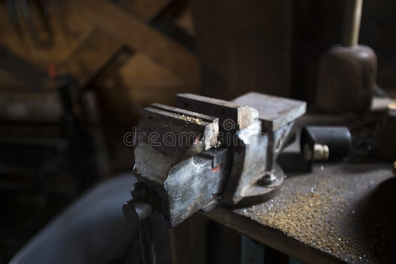 Vintage Workbench with an Old Vice Stock Photo Image of wooden, wood