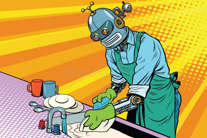 Vintage worker robot washes dishes royalty free illustration Vintage worker robot washes dishes royalty free illustration
