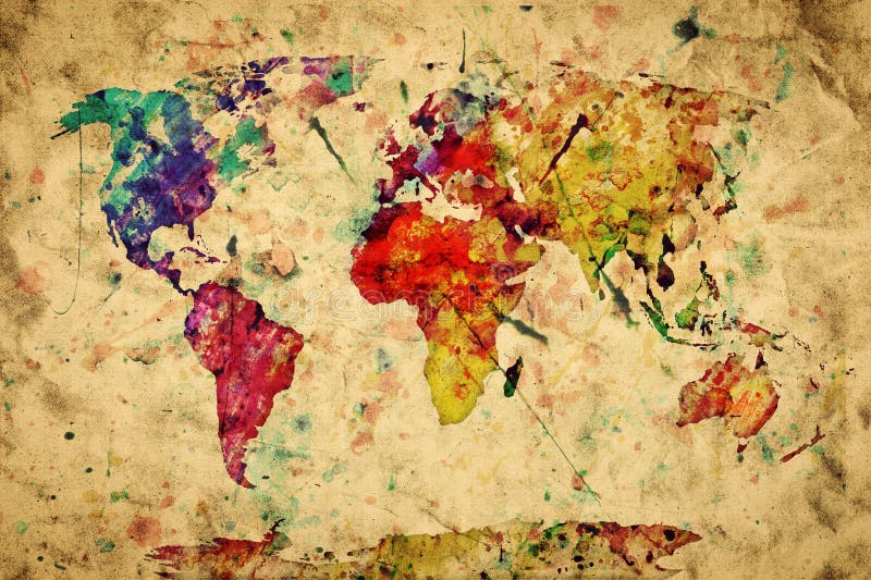 Vintage world map. Colorful paint
