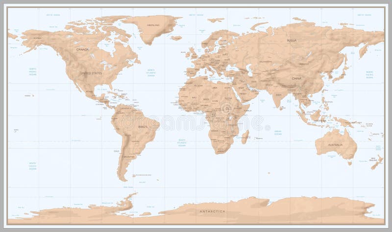 Vintage world map. Retro countries boundaries on topographic or marine map. Old continents navigation maps vector