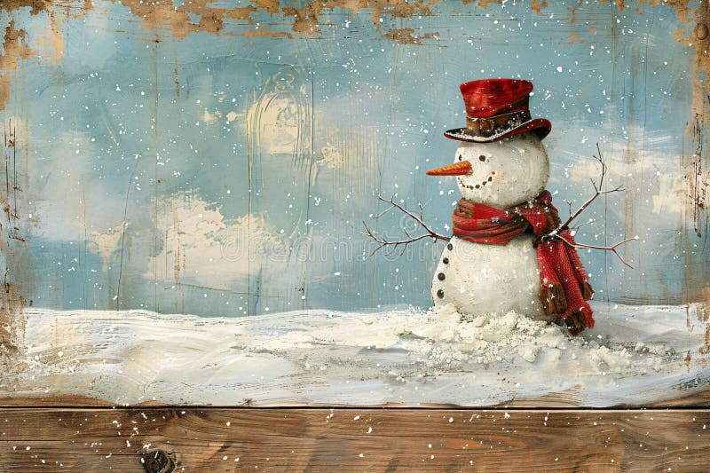 Vintage xmas pocztówka z szczęśliwym bałwanem z nosem marchewki w dzianym kapeluszu i szaliku. uroczysty tło z pięknym zdjęcie stock