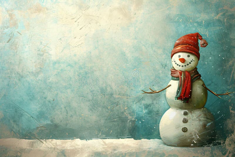 Vintage xmas pocztówka z szczęśliwym bałwanem z nosem marchewki w dzianym kapeluszu i szaliku. uroczysty tło z pięknym obrazy stock
