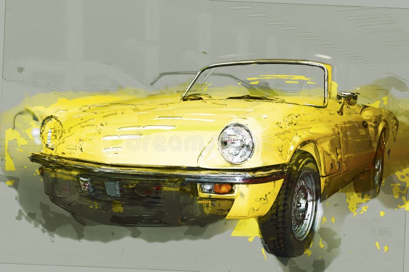 Vintage yellow cabriolet. Drawn illustration.