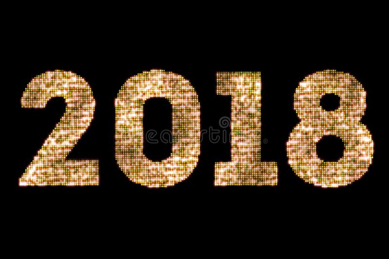 Vintage yellow gold sparkly glitter lights and glowing effect simulating leds happy new year 2018 word text on black background wi