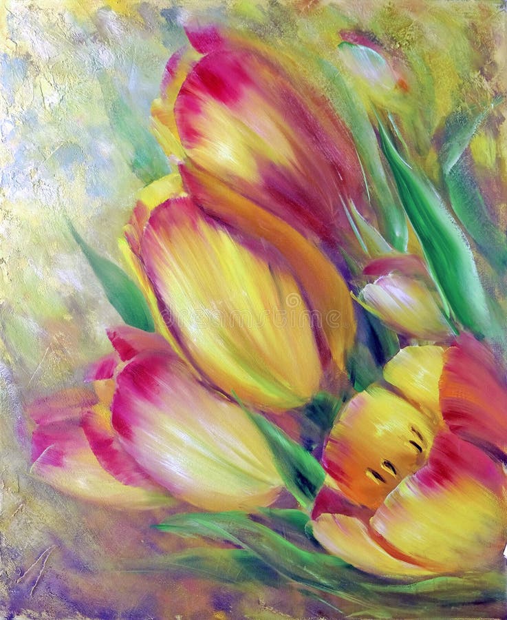 Vintage yellow red tulips Oil painting.