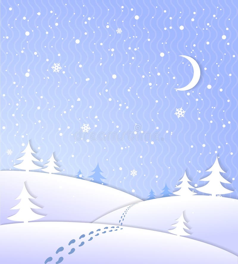 Winter background with falling snow footprints moon and forest vector illustration. Winter background with falling snow footprints moon and forest vector illustration