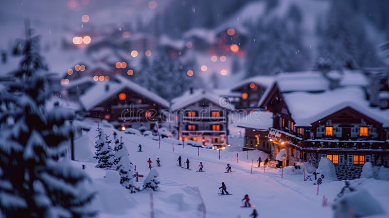 Winter village, ski resort with cozy houses under snow, tilt shift, evening time.. AI generated. Winter village, ski resort with cozy houses under snow, tilt shift, evening time.. AI generated