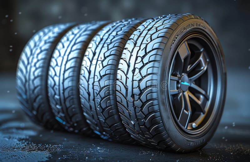 Winter tires on black background. 4 new tires on a dark background. AI generated. Winter tires on black background. 4 new tires on a dark background. AI generated