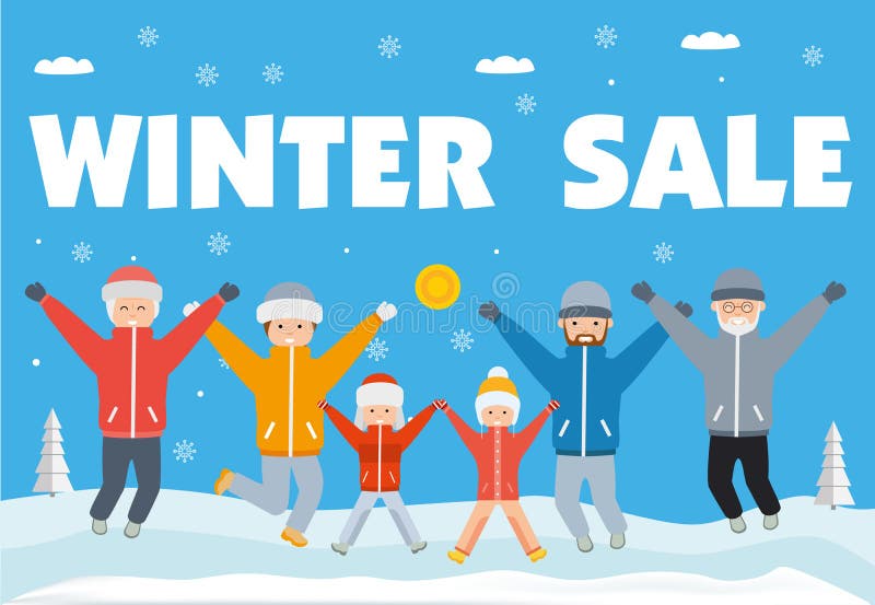Vinterförsäljningsbaner Den lyckliga stora familjen i vinter beklär banhoppning upp och ner vektor illustrationer Vinterförsäljningsbaner Den lyckliga stora familjen i vinter beklär banhoppning upp och ner vektor illustrationer