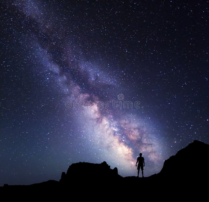 Landscape with Milky Way. Night sky with stars and silhouette of a standing happy man on the mountain. Landscape with Milky Way. Night sky with stars and silhouette of a standing happy man on the mountain.
