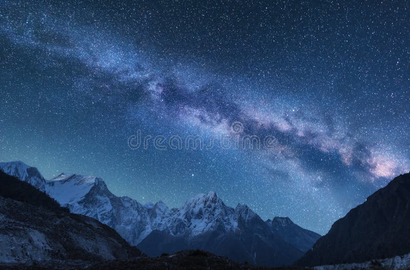 Milky Way and mountains. Amazing scene with himalayan mountains and starry sky at night in Nepal. Rocks with snowy peak and sky with stars. Beautiful Himalayas. Night landscape with bright milky way. Milky Way and mountains. Amazing scene with himalayan mountains and starry sky at night in Nepal. Rocks with snowy peak and sky with stars. Beautiful Himalayas. Night landscape with bright milky way